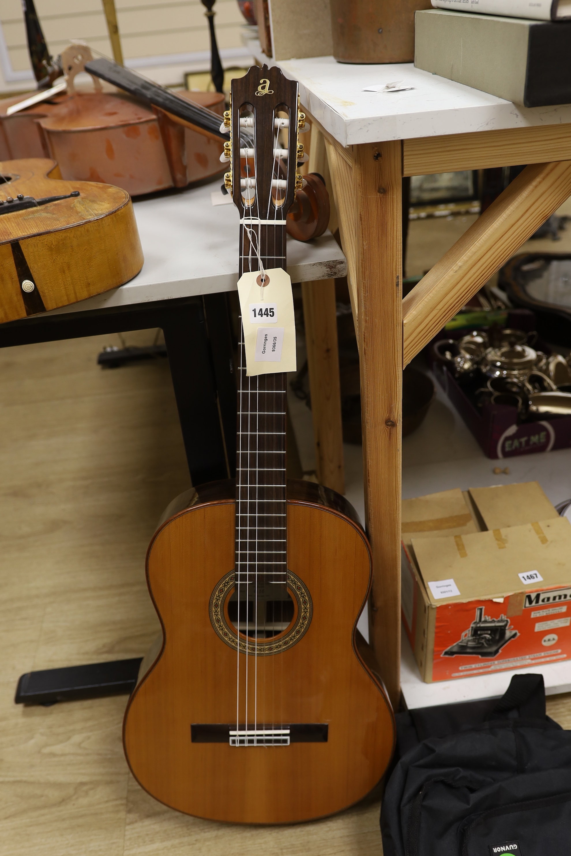 An inlaid and later embellished Japanese acoustic guitar, labelled internally Takeharu Guitar, Made in Japan and numbered LGT30B